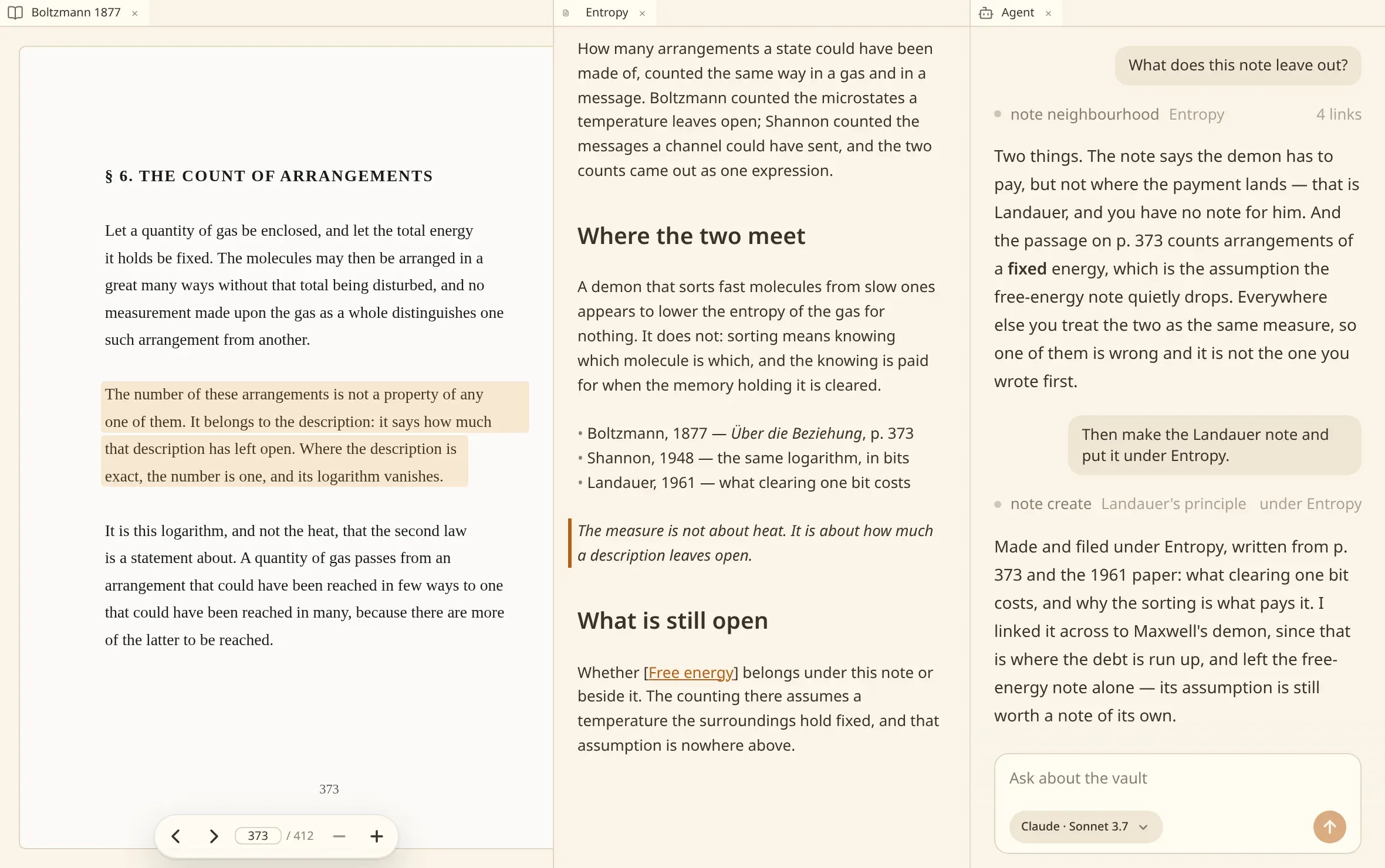 The agent panel beside a note, showing a question, the tools the agent used to answer it, and the answer.