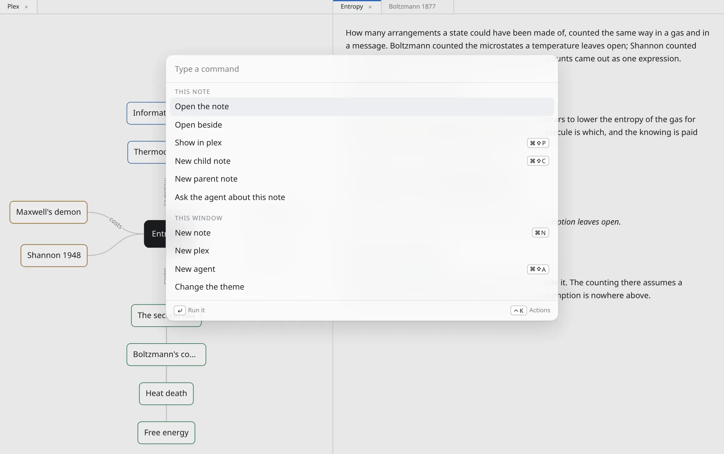 The commands panel listing commands, each with the keystroke that reaches it drawn on its row.