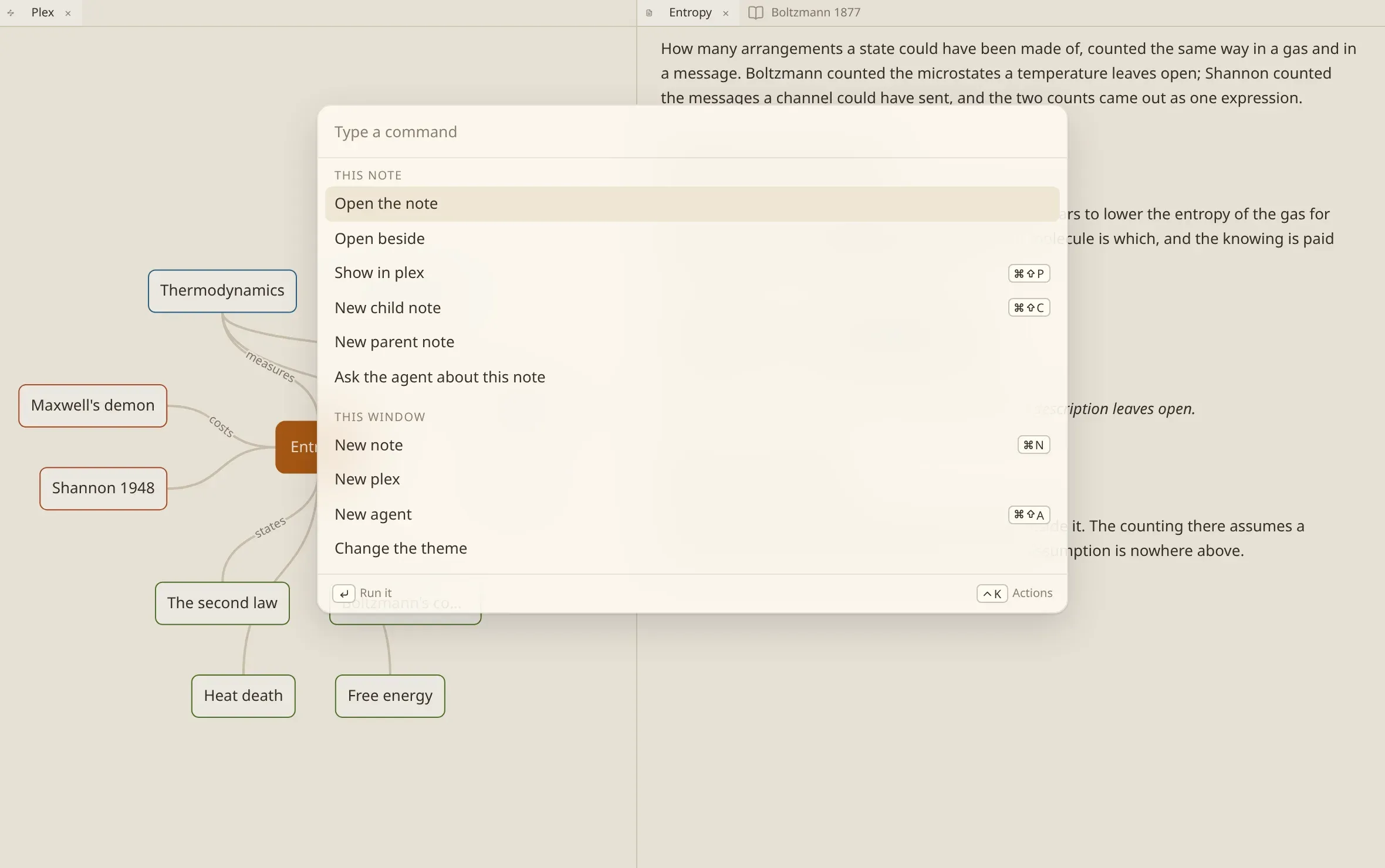 The commands panel listing commands, each with the keystroke that reaches it drawn on its row.