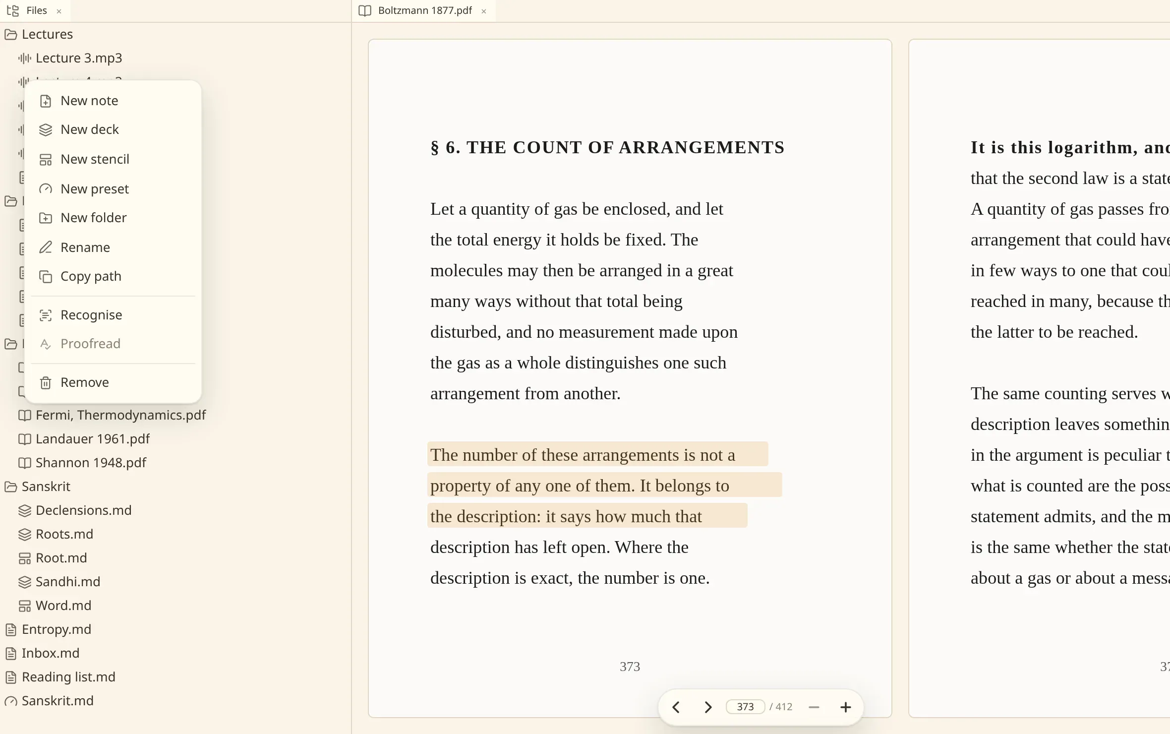 The numen window: a scanned book open beside the file tree, with the menu on it offering to recognise its text.