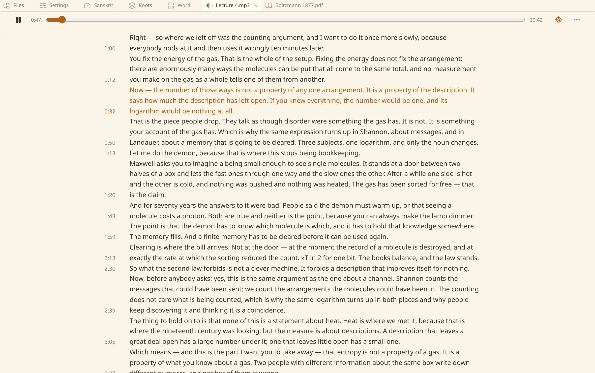 The numen window: a recording playing, with its transcript below the player and the line being said drawn in the accent.