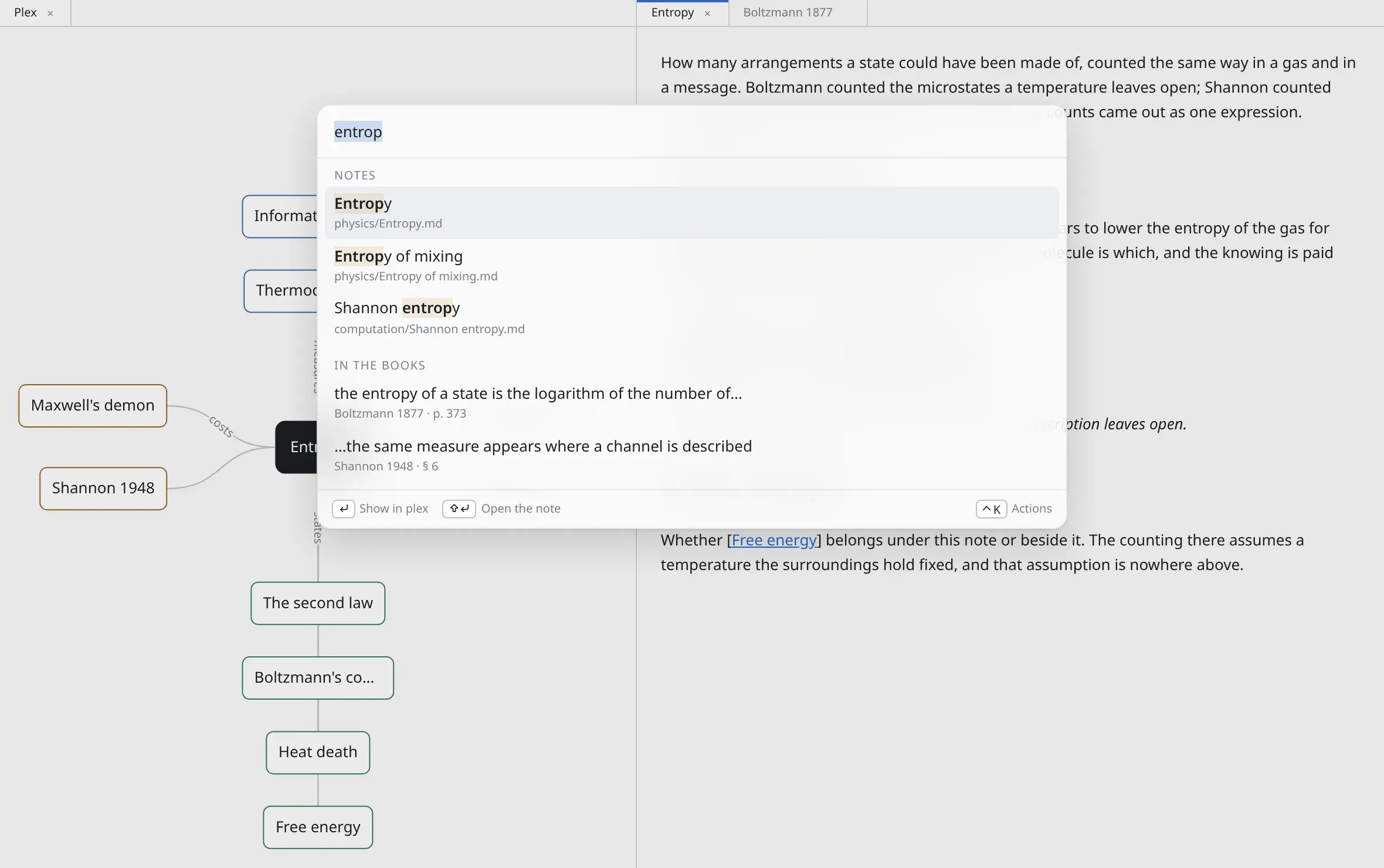 The search panel open over the window, showing results grouped under Names, Text and Meaning.