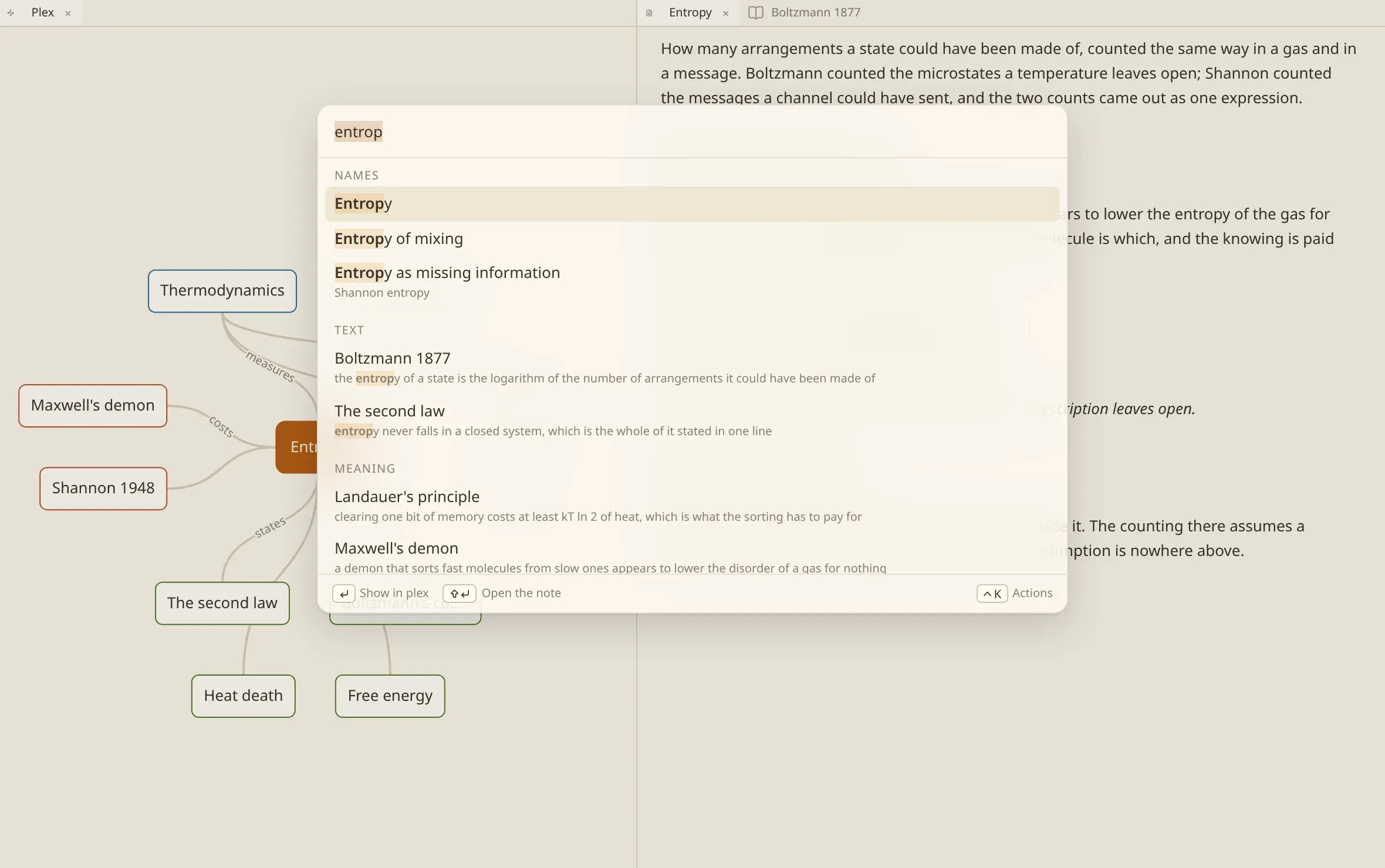 The search panel open over the window, showing results grouped under Names, Text and Meaning.