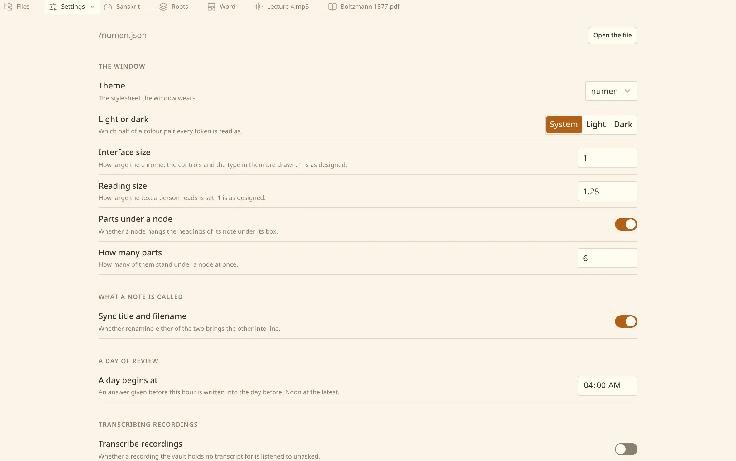 The numen window: the settings page, in the groups the part of the application each setting governs.