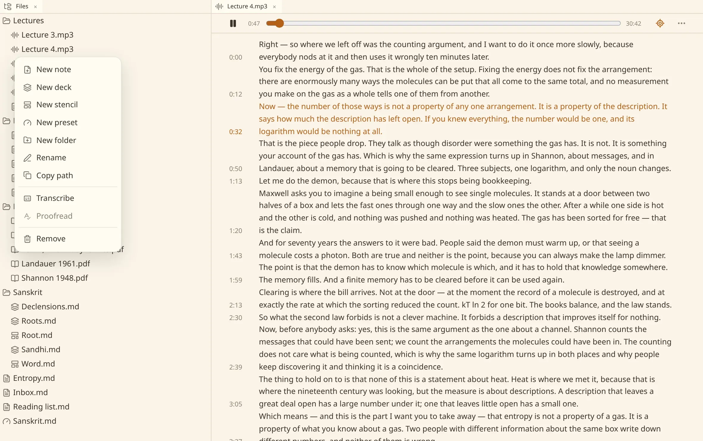 The numen window: the menu on a recording in the file tree, offering to transcribe it.