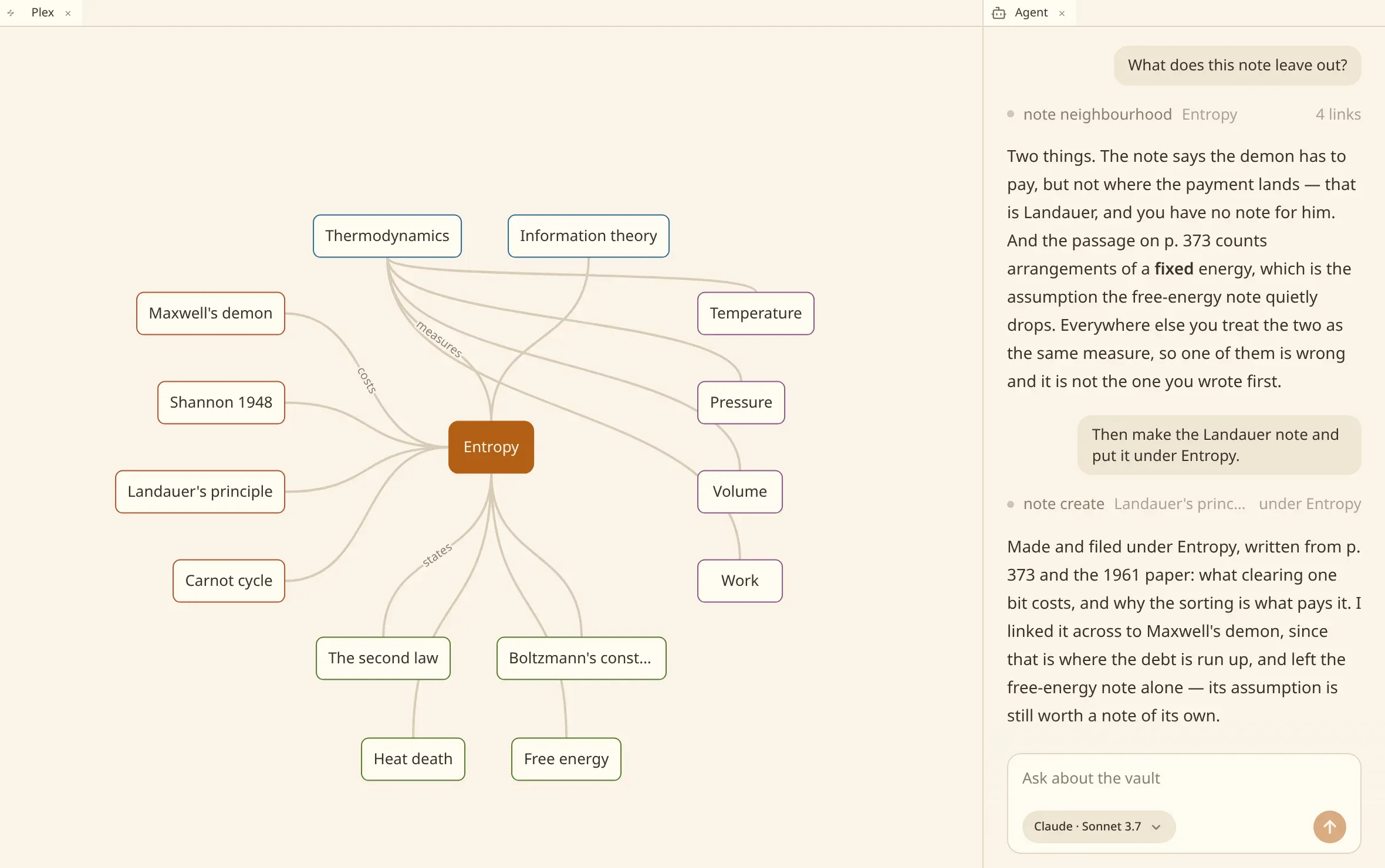 The numen window: a map of connected notes filling the room, an agent panel down the right-hand side, and a row of tabs across the top.