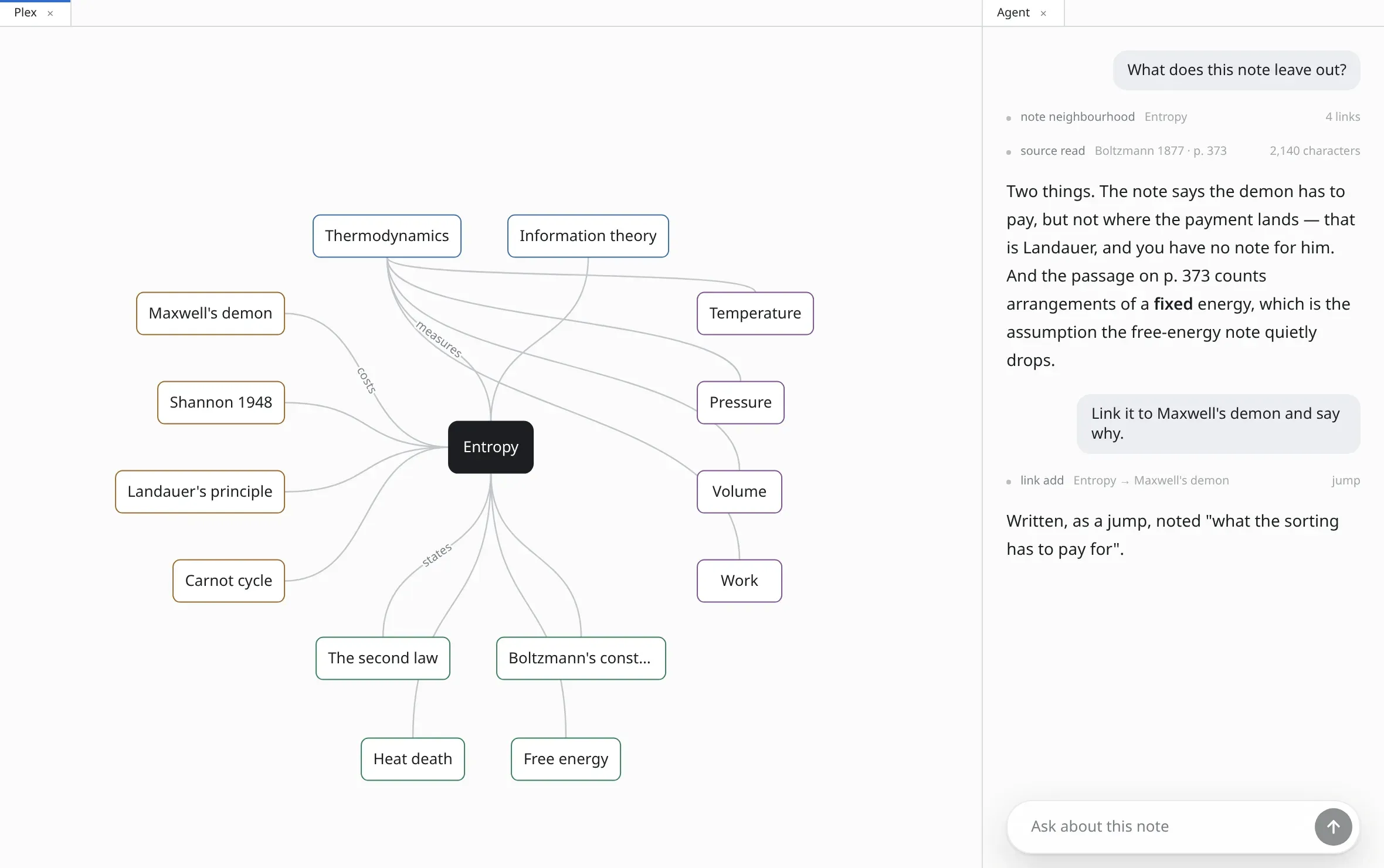 The numen window: a map of connected notes filling the room, an agent panel down the right-hand side, and a row of tabs across the top.
